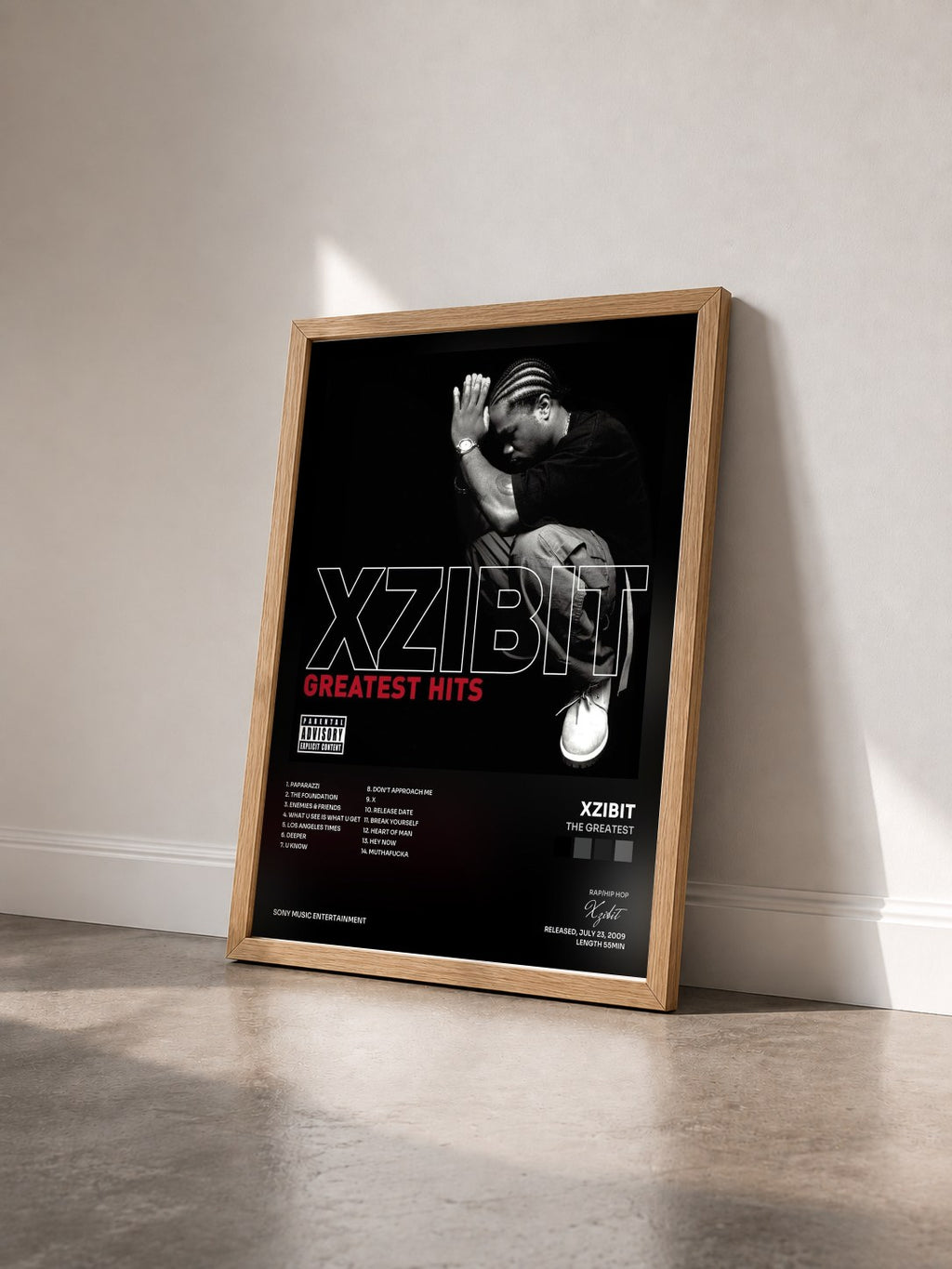 #bois Tableau de l'album The Greatest de Xzibit vu de trois quarts, cadre en bois brut