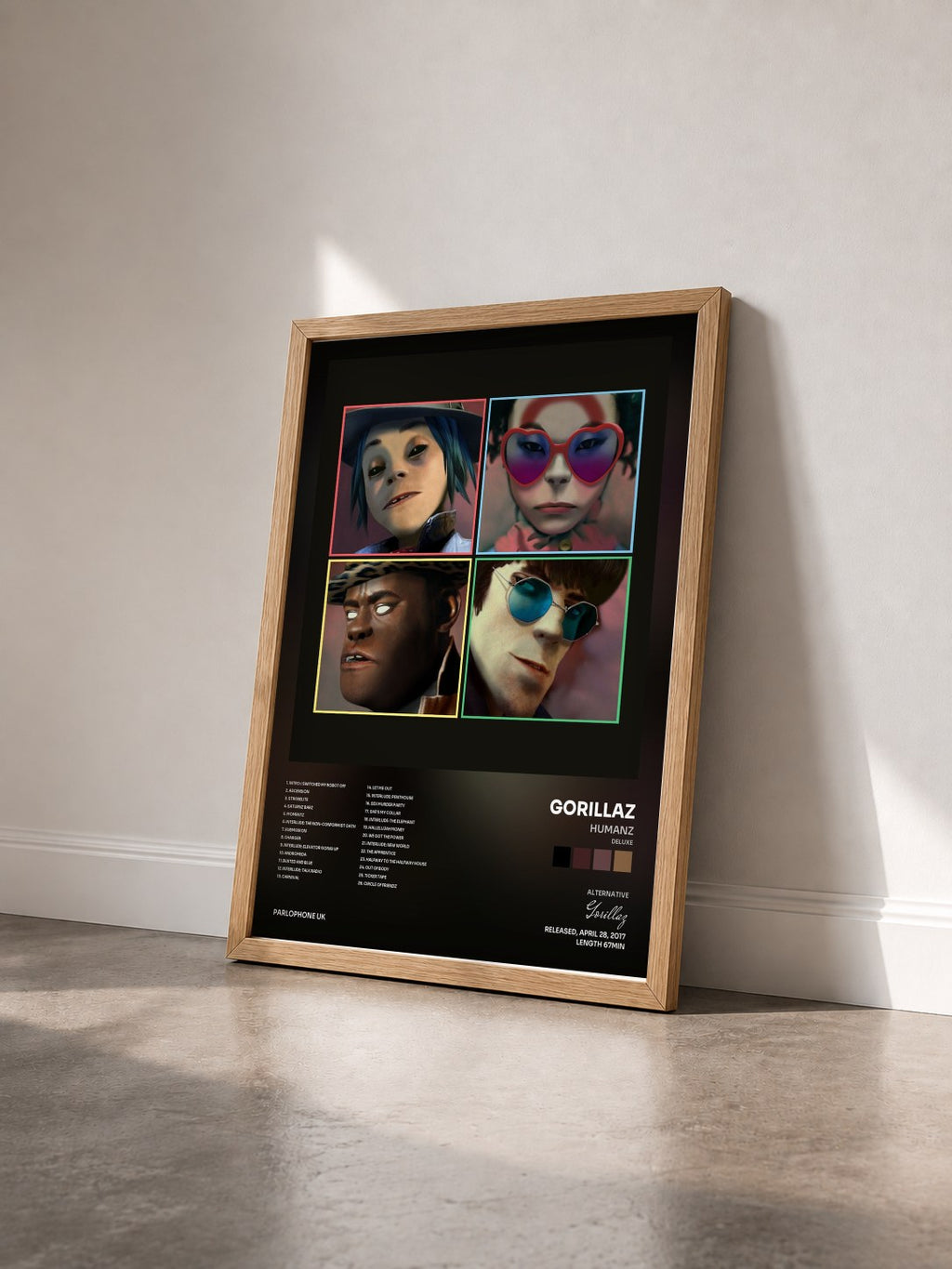 #bois Tableau de l'album Humanz (Deluxe) de Gorillaz vu de trois quarts, cadre en bois brut