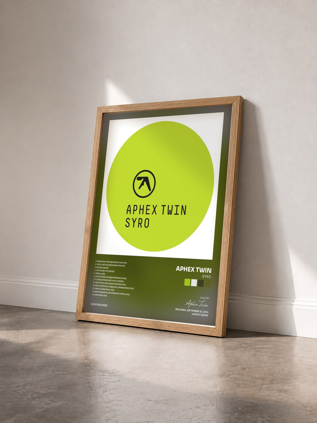 #bois Tableau de l'album Syro de Aphex Twin vu de trois quarts, cadre en bois brut