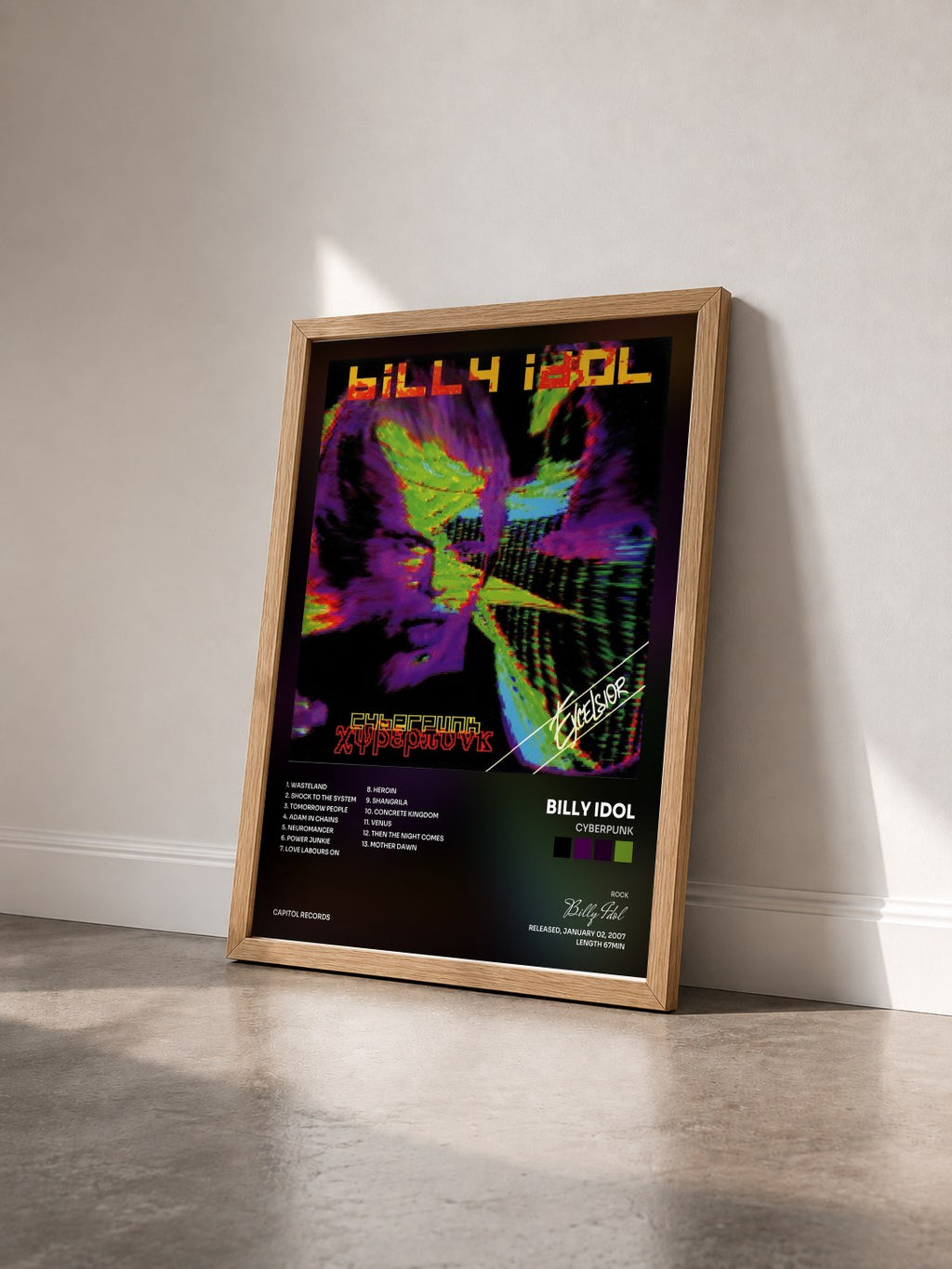 #bois Tableau de l'album Cyberpunk de Billy Idol vu de trois quarts, cadre en bois brut