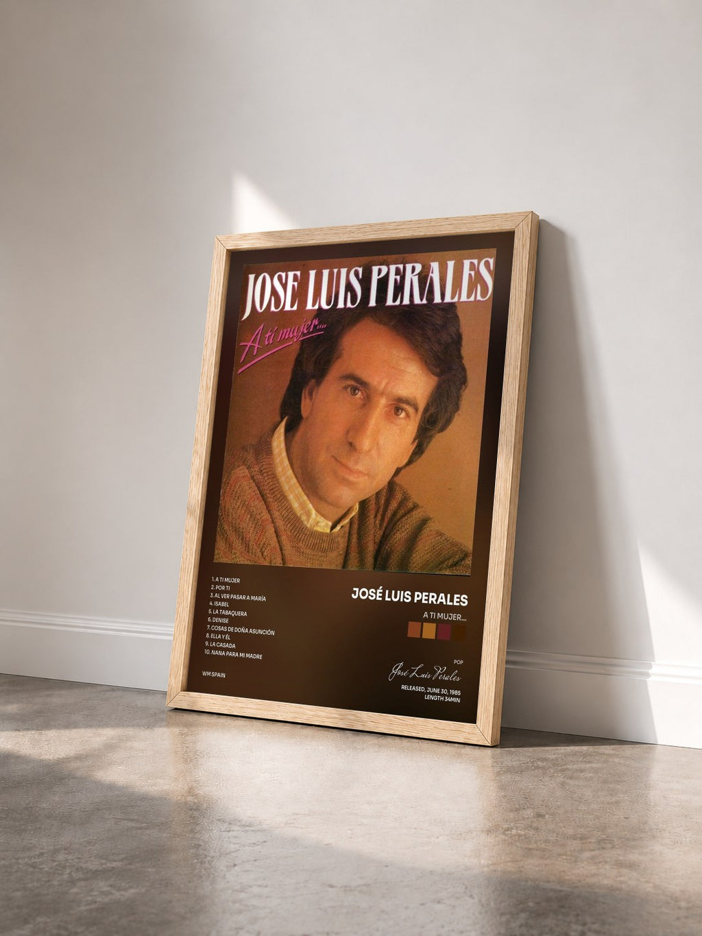 #bois Tableau de l'album A ti mujer... de José Luis Perales vu de trois quarts, cadre en bois brut