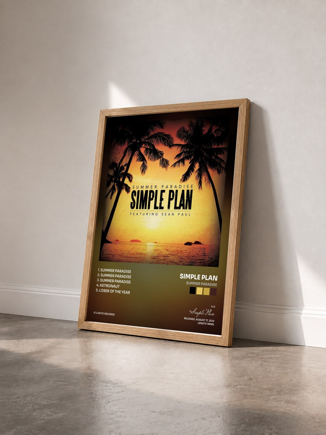 #bois Tableau de l'album Summer Paradise de Simple Plan vu de trois quarts, cadre en bois brut