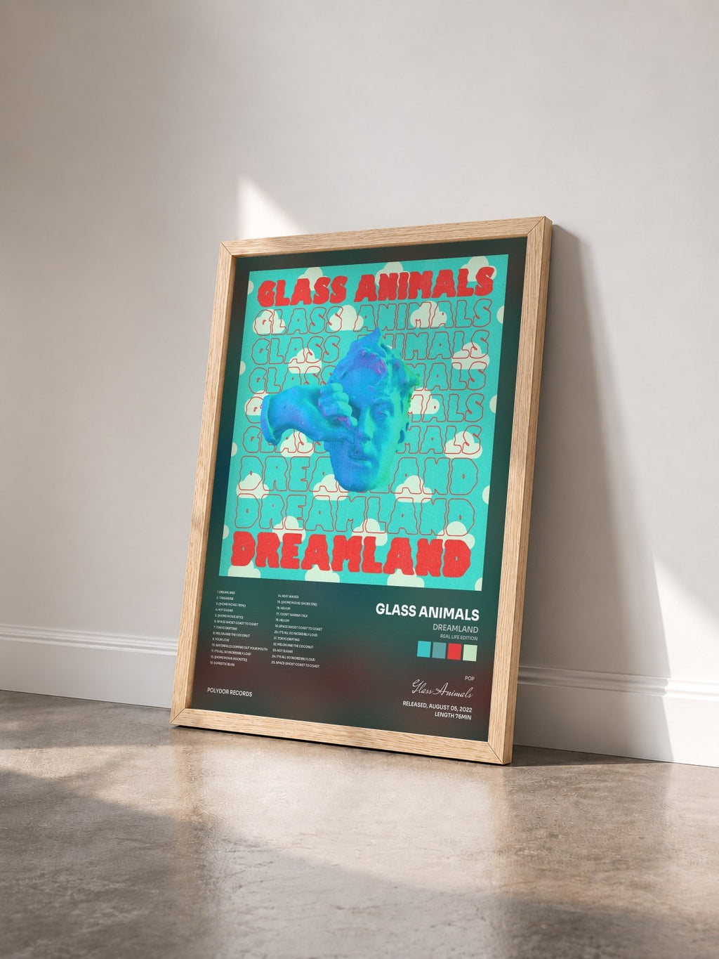 #bois Tableau de l'album Dreamland (Real Life Edition) de Glass Animals vu de trois quarts, cadre en bois brut