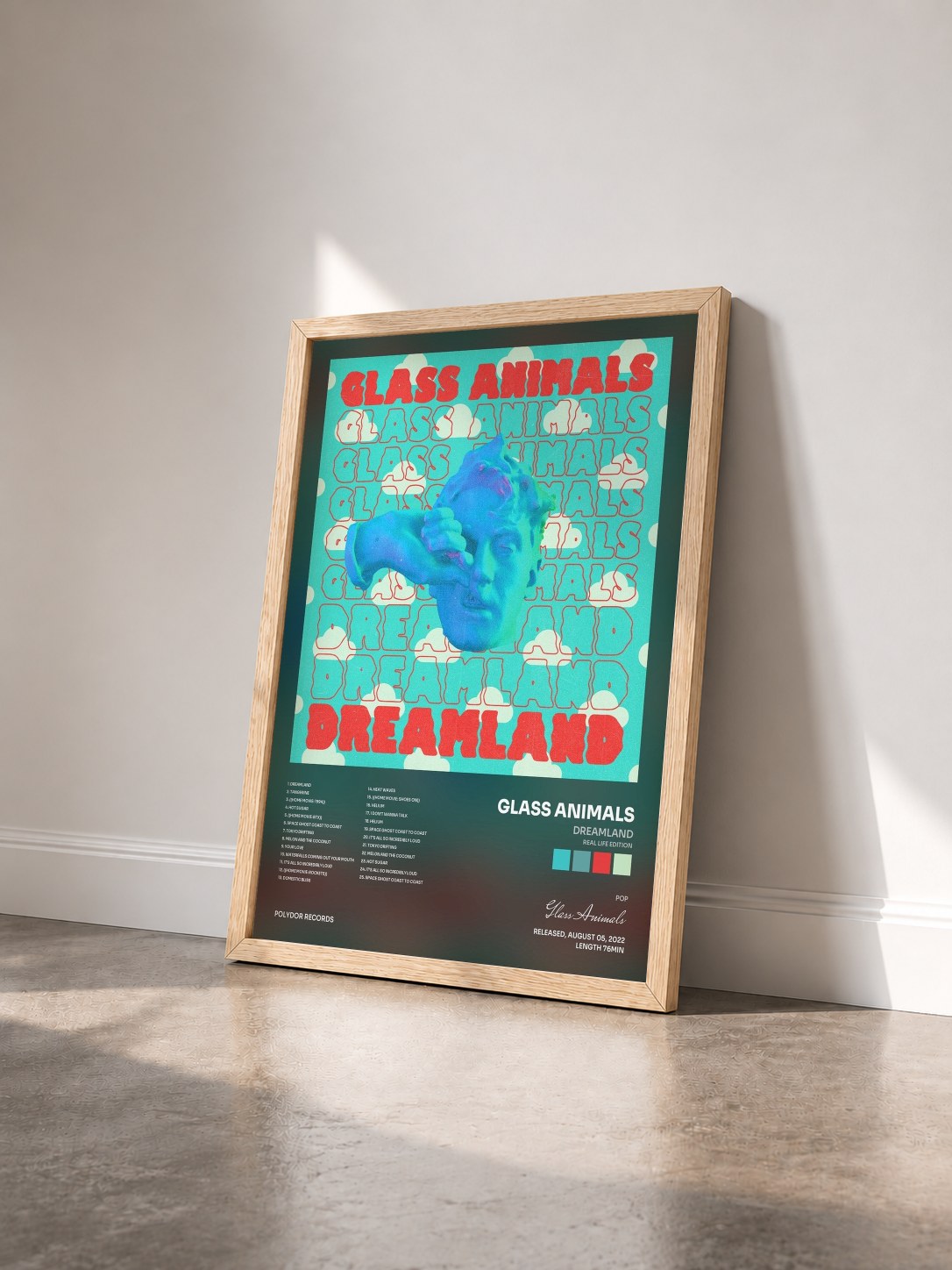 #bois Tableau de l'album Dreamland (Real Life Edition) de Glass Animals vu de trois quarts, cadre en bois brut