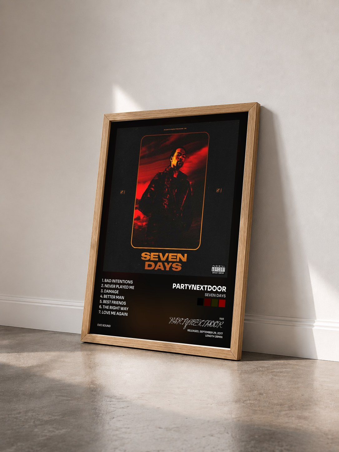 #bois Tableau de l'album Seven Days de PARTYNEXTDOOR vu de trois quarts, cadre en bois brut