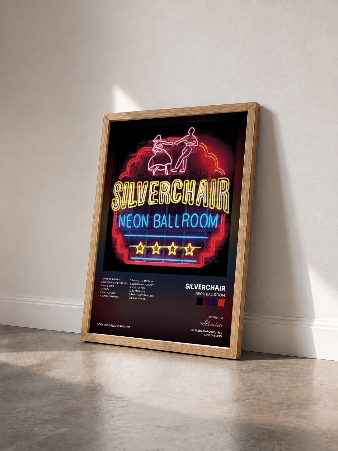 #bois Tableau de l'album Neon Ballroom de Silverchair vu de trois quarts, cadre en bois brut