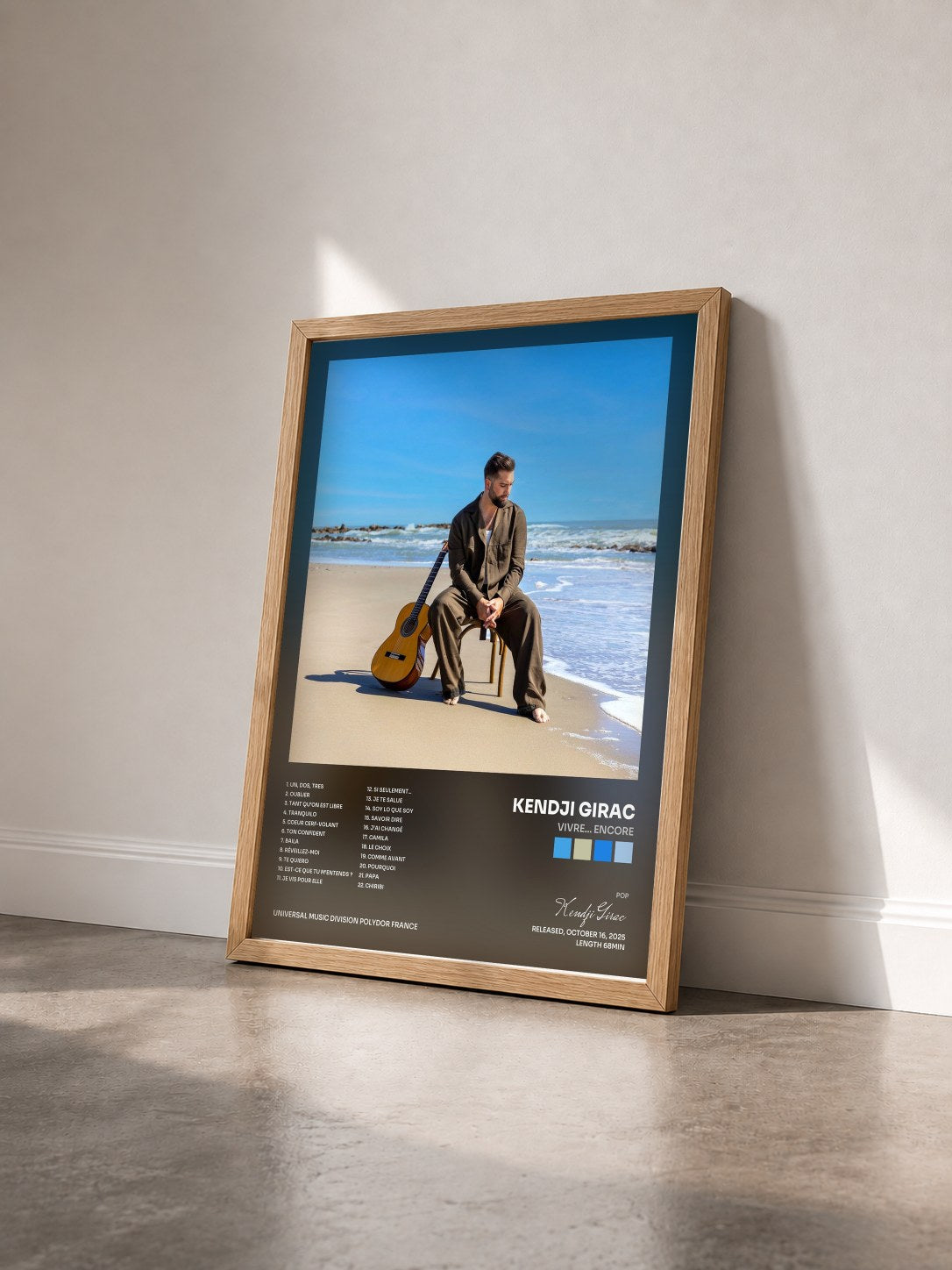 #bois Tableau de l'album Vivre... Encore de Kendji Girac vu de trois quarts, cadre en bois brut
