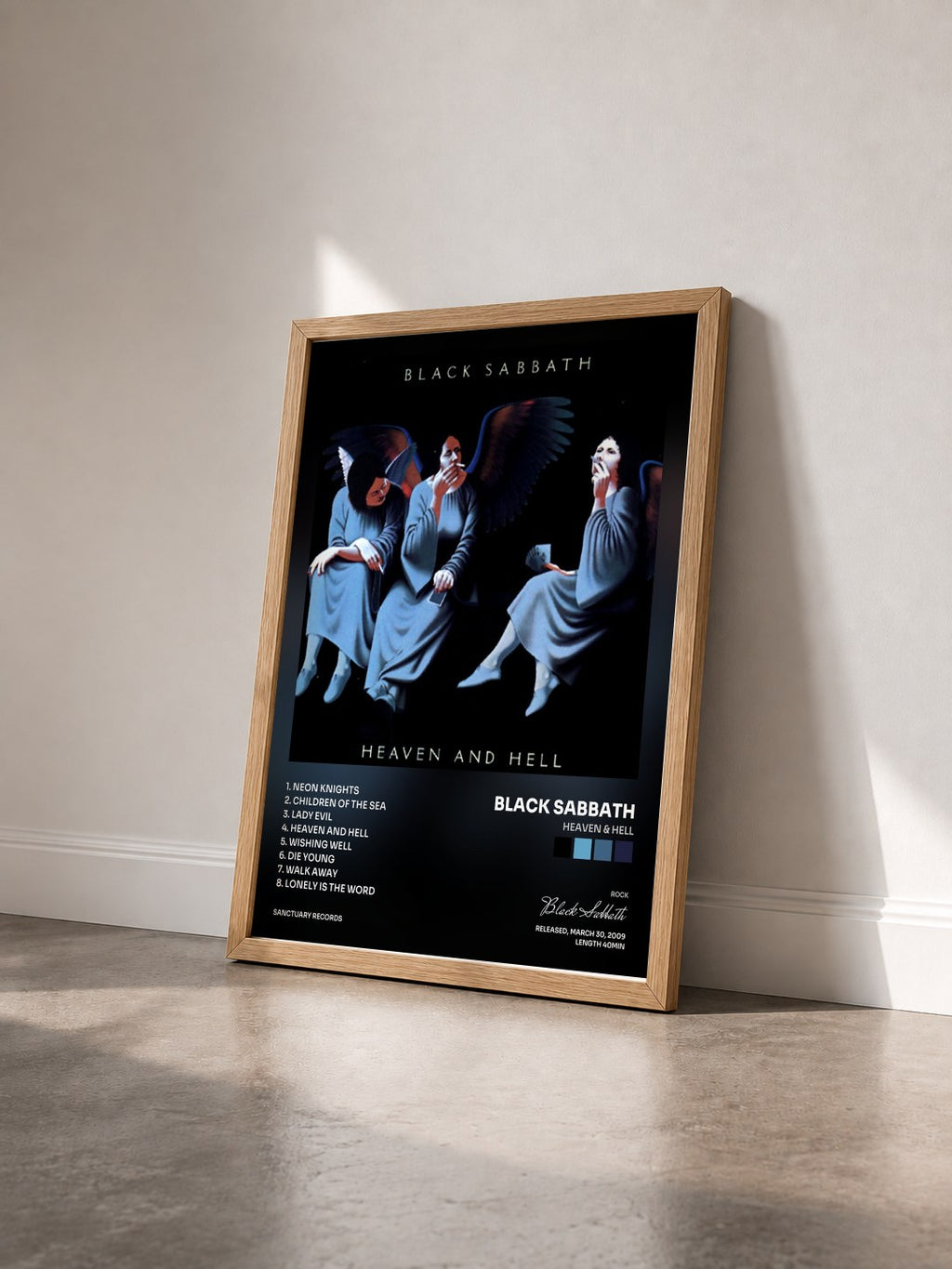 #bois Tableau de l'album Heaven & Hell de Black Sabbath vu de trois quarts, cadre en bois brut
