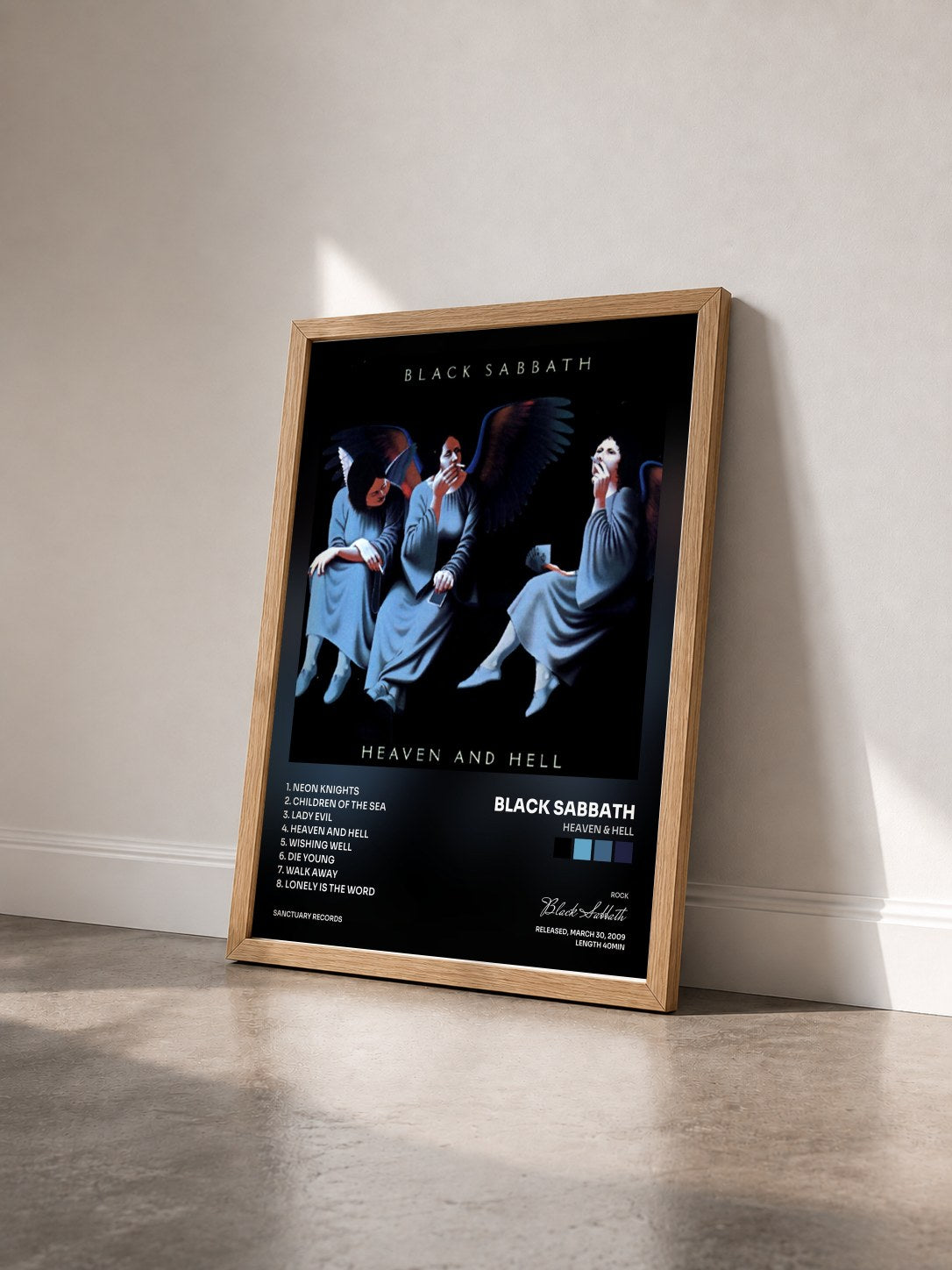 #bois Tableau de l'album Heaven & Hell de Black Sabbath vu de trois quarts, cadre en bois brut