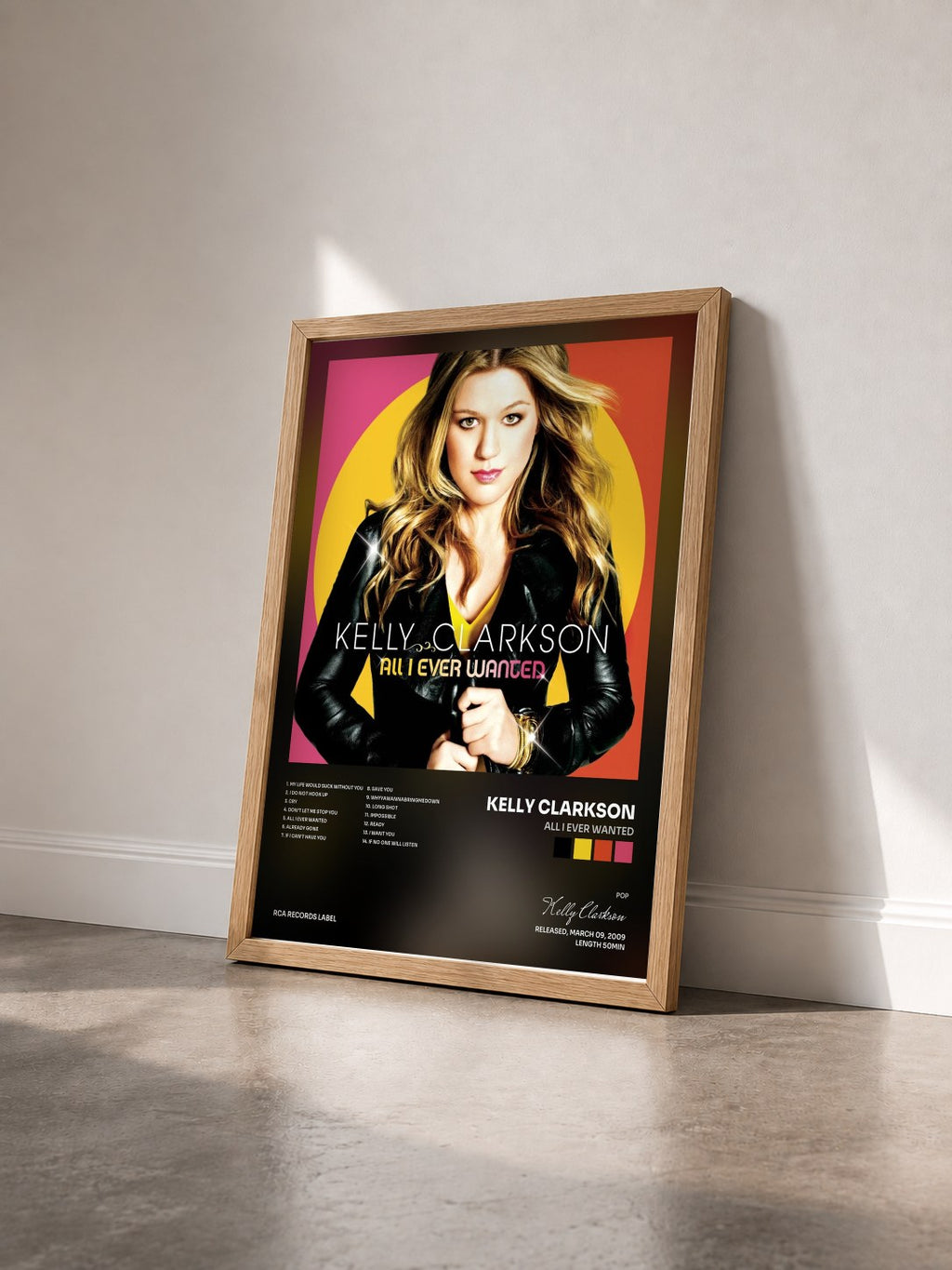 #bois Tableau de l'album All I Ever Wanted de Kelly Clarkson vu de trois quarts, cadre en bois brut