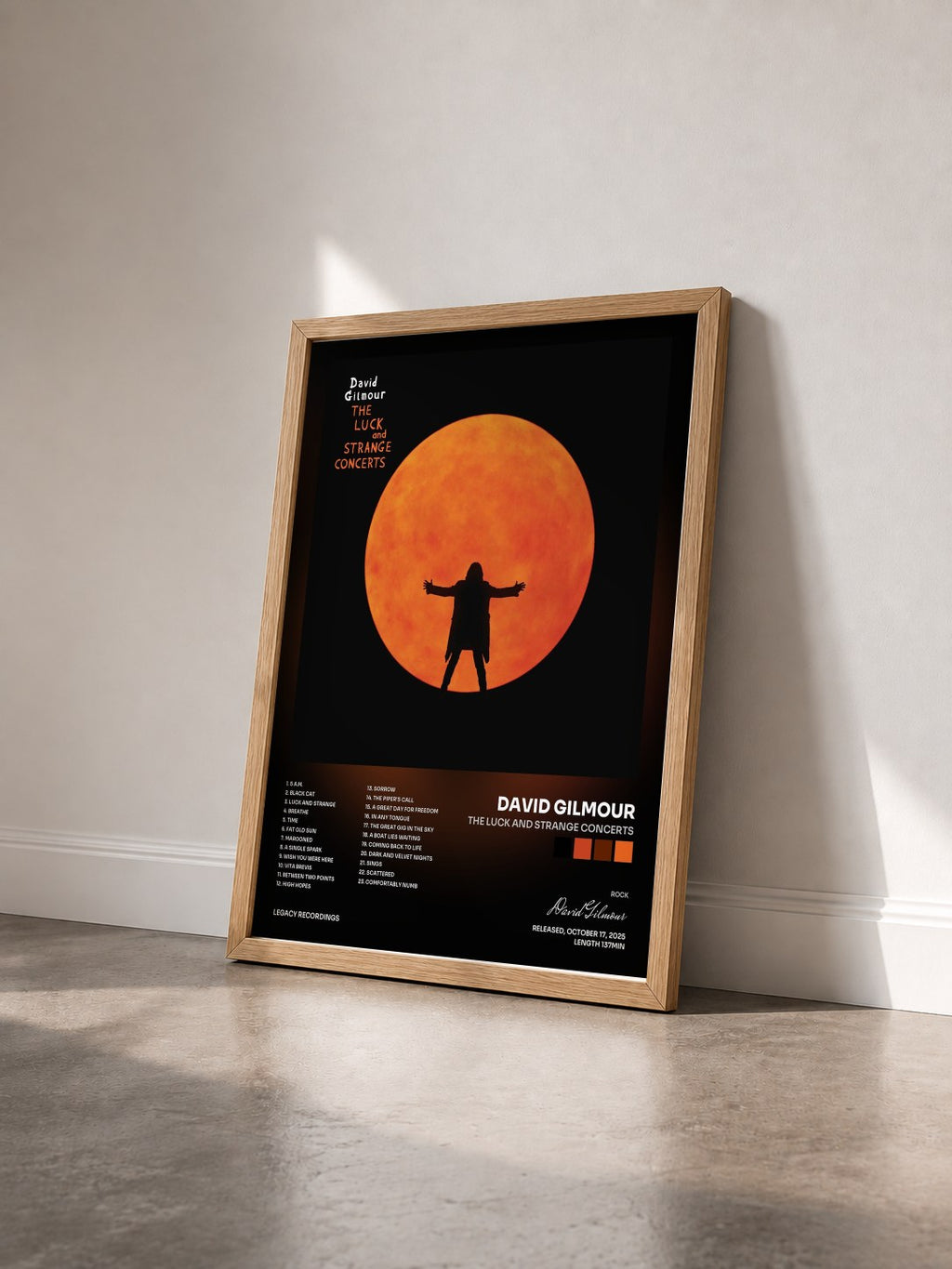 #bois Tableau de l'album The Luck and Strange Concerts de David Gilmour vu de trois quarts, cadre en bois brut