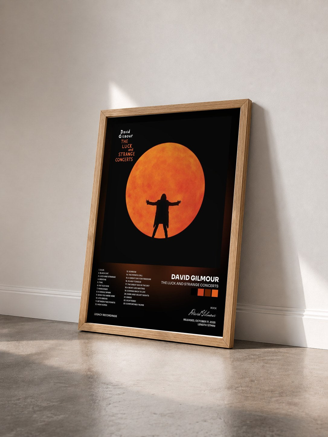 #bois Tableau de l'album The Luck and Strange Concerts de David Gilmour vu de trois quarts, cadre en bois brut