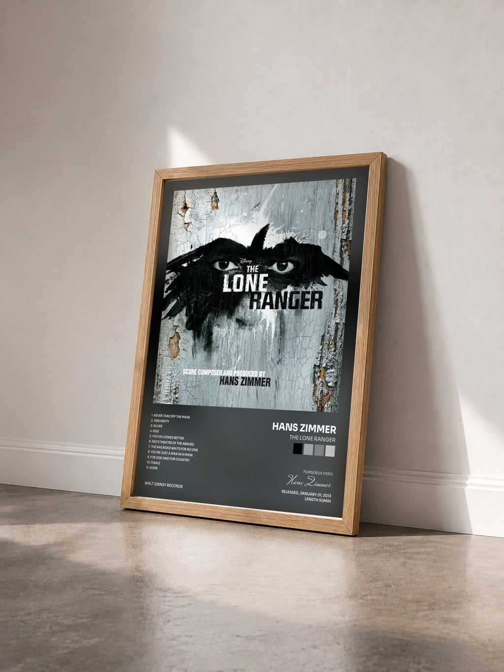 #bois Tableau de l'album The Lone Ranger de Hans Zimmer vu de trois quarts, cadre en bois brut