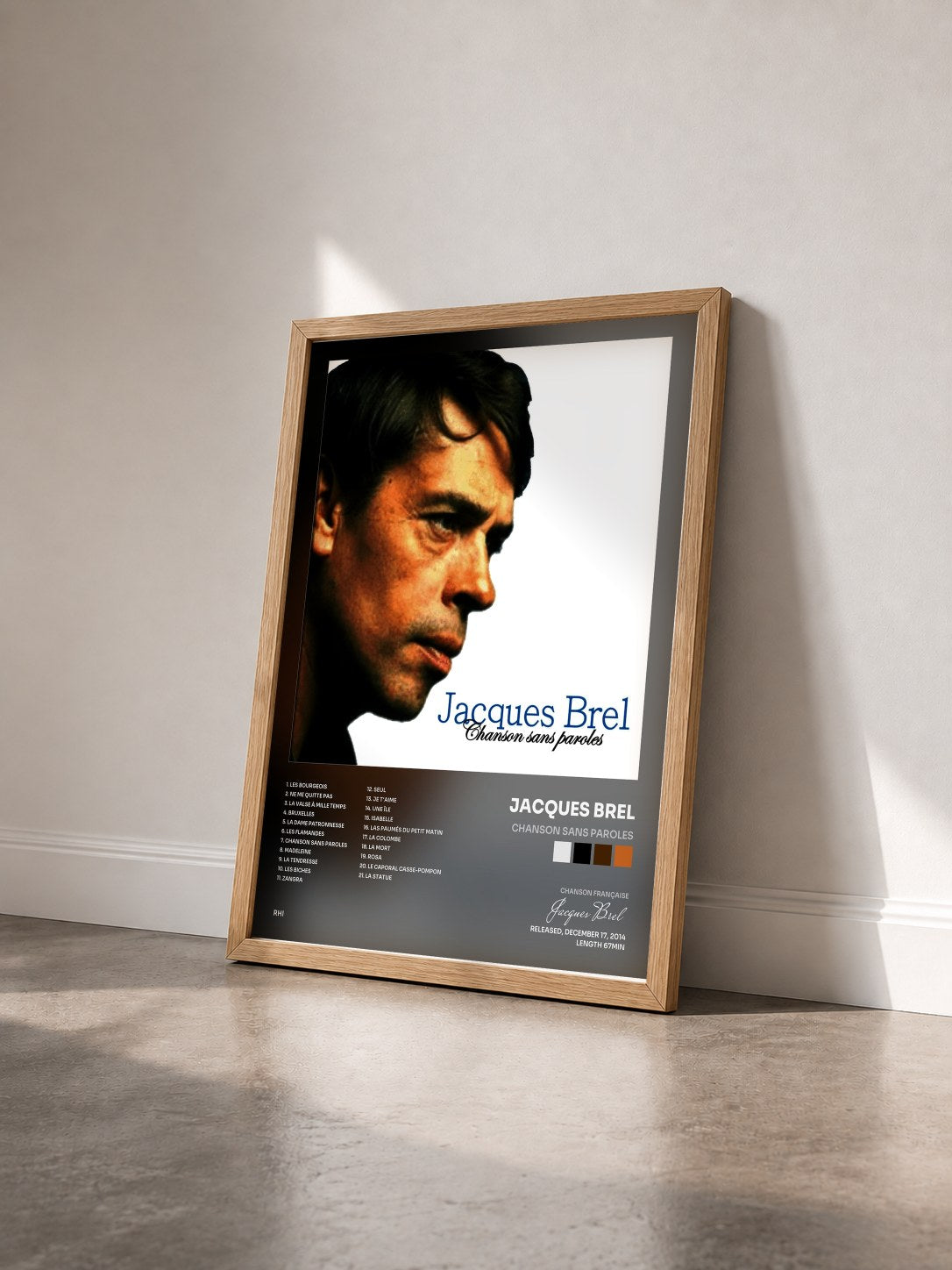 #bois Tableau de l'album Chanson sans paroles de Jacques Brel vu de trois quarts, cadre en bois brut