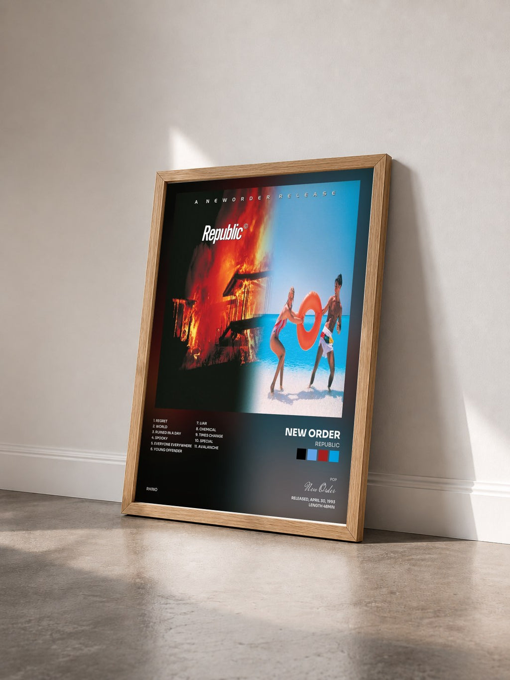 #bois Tableau de l'album Republic de New Order vu de trois quarts, cadre en bois brut