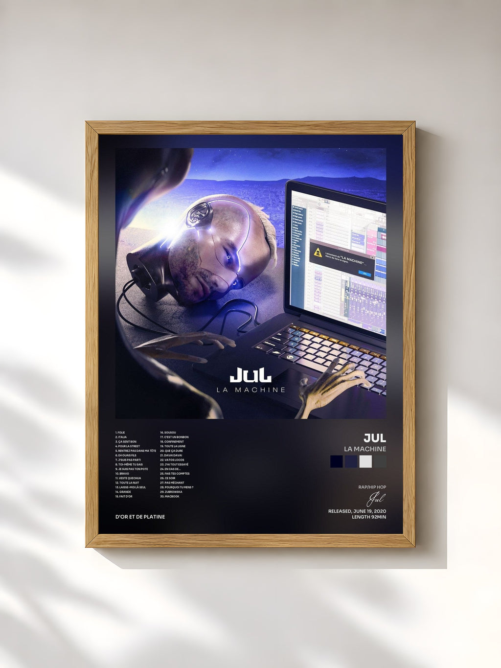 #bois Tableau de l'album La machine de Jul, cadre en bois brut, imprimé et encadré en France