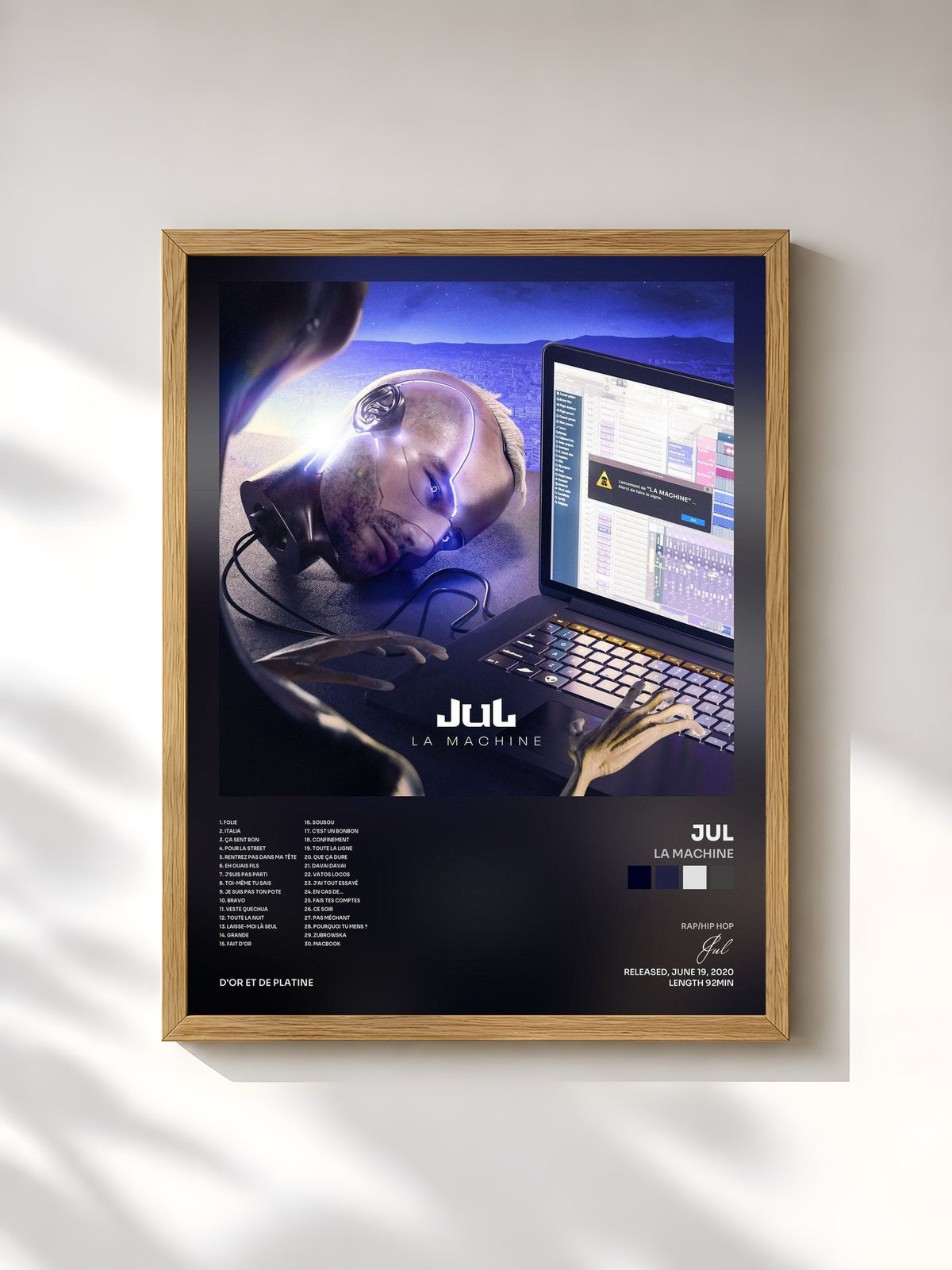 #bois Tableau de l'album La machine de Jul, cadre en bois brut, imprimé et encadré en France