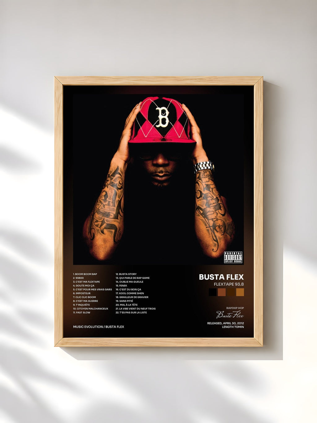 #bois Tableau de l'album Flextape 93.8 de Busta Flex, cadre en bois brut, imprimé et encadré en France