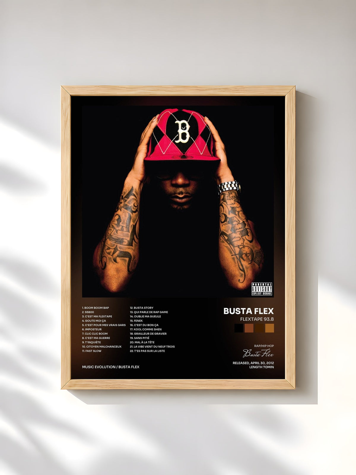 #bois Tableau de l'album Flextape 93.8 de Busta Flex, cadre en bois brut, imprimé et encadré en France