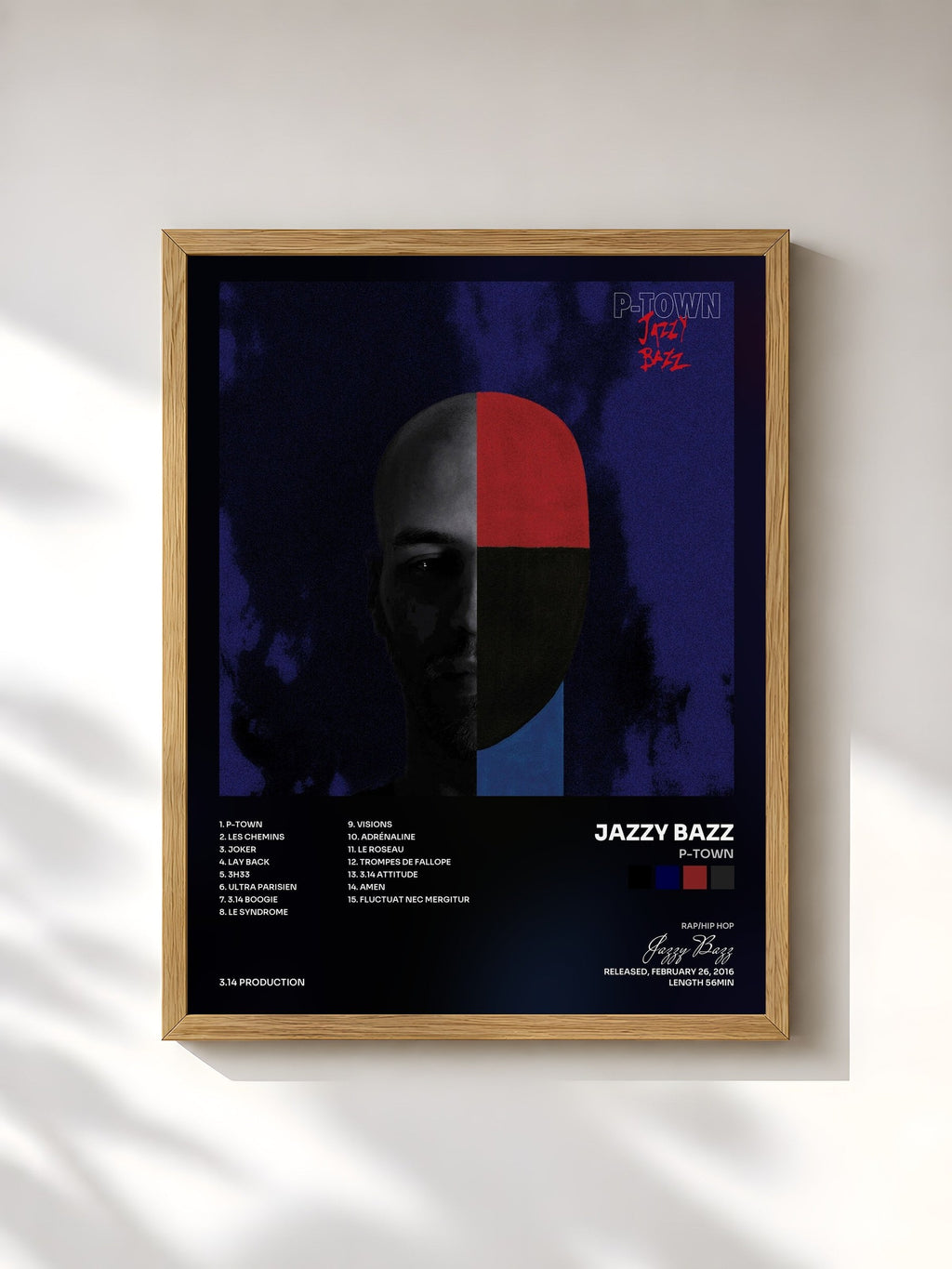 #bois Tableau de l'album P-Town de Jazzy Bazz, cadre en bois brut, imprimé et encadré en France