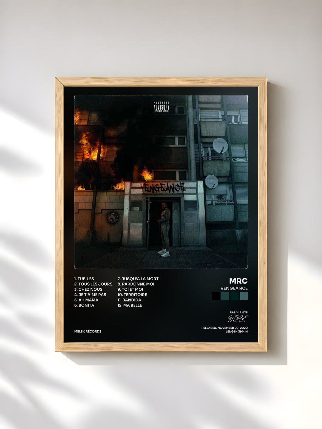 #bois Tableau de l'album Vengeance de MRC, cadre en bois brut, imprimé et encadré en France