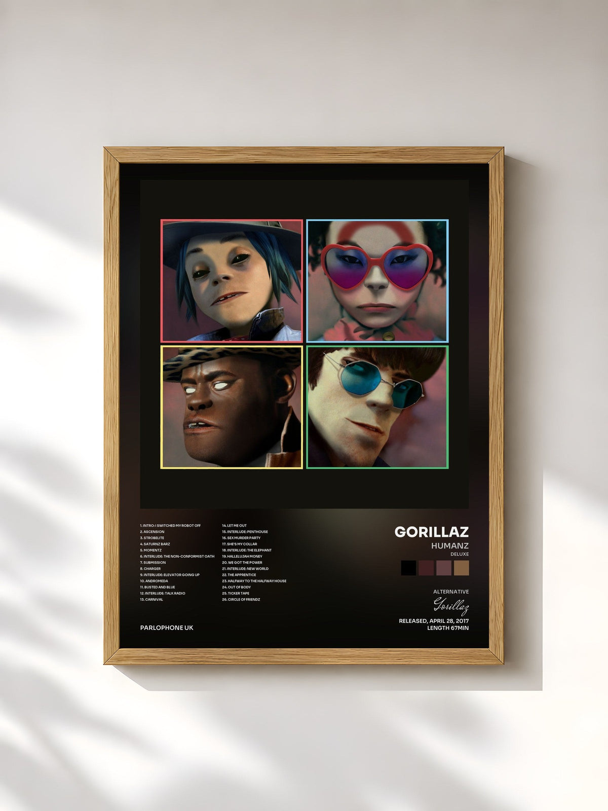 #bois Tableau de l'album Humanz (Deluxe) de Gorillaz, cadre en bois brut, imprimé et encadré en France