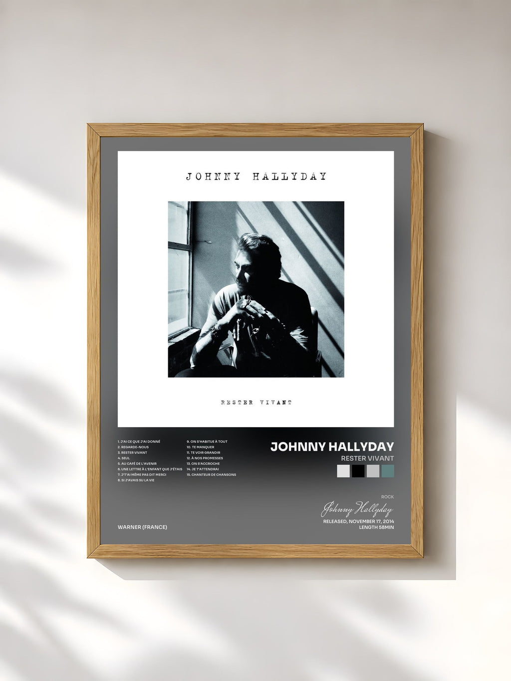 #bois Tableau de l'album Rester vivant de Johnny Hallyday, cadre en bois brut, imprimé et encadré en France