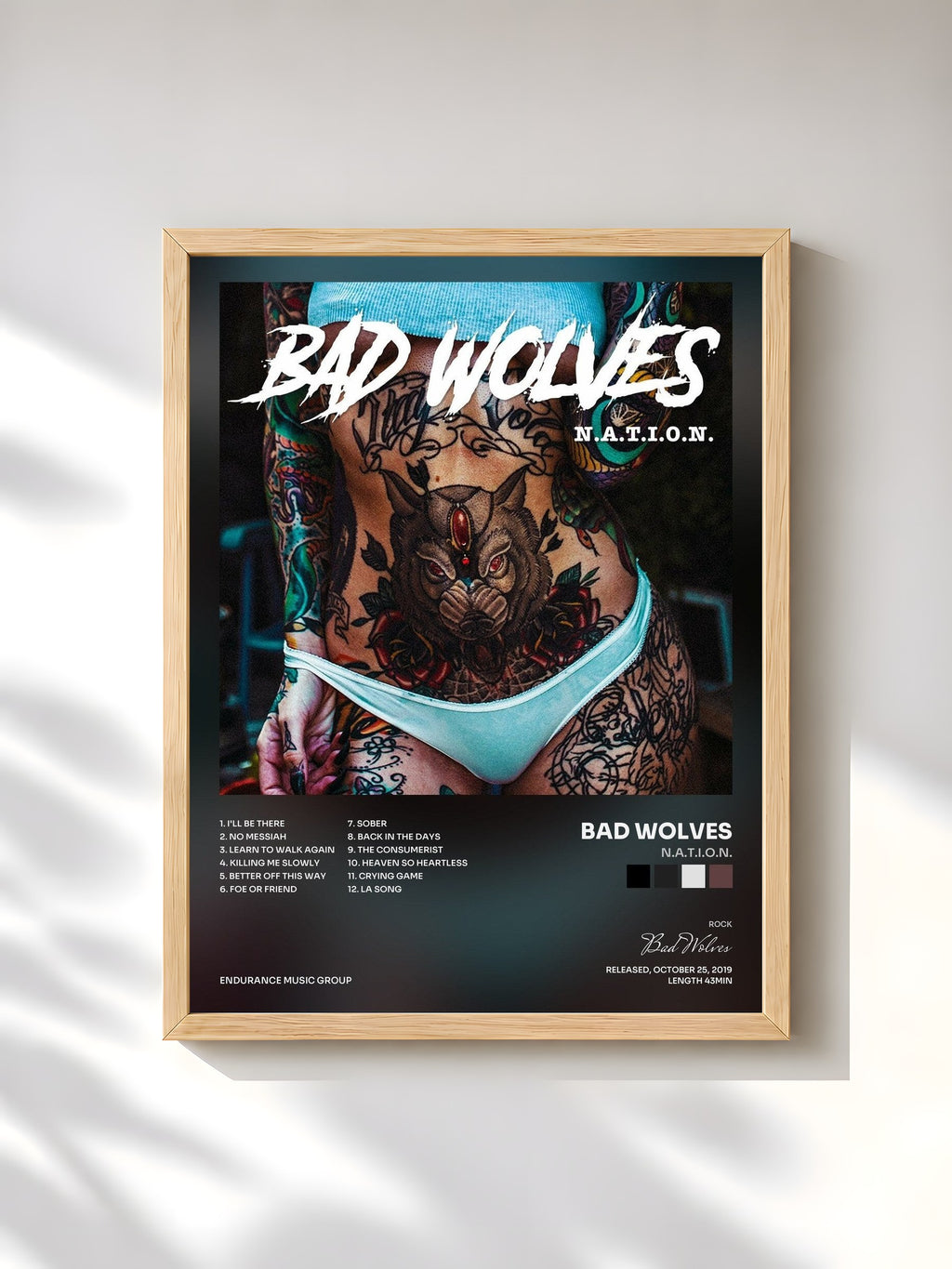 #bois Tableau de l'album N.A.T.I.O.N. de Bad Wolves, cadre en bois brut, imprimé et encadré en France