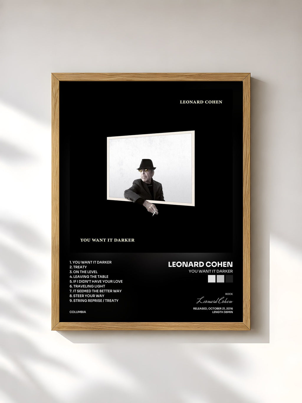 #bois Tableau de l'album You Want It Darker de Leonard Cohen, cadre en bois brut, imprimé et encadré en France
