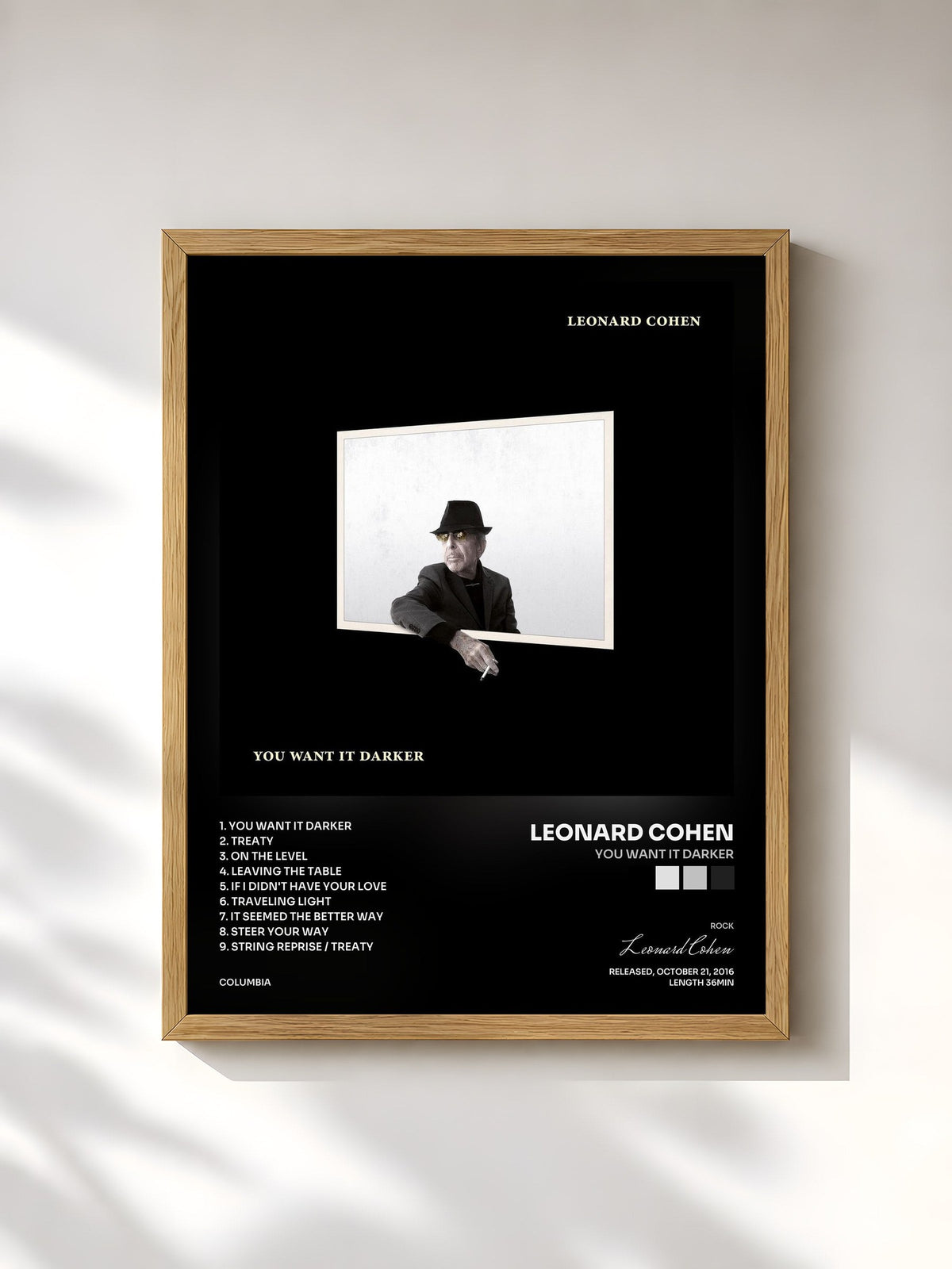 #bois Tableau de l'album You Want It Darker de Leonard Cohen, cadre en bois brut, imprimé et encadré en France