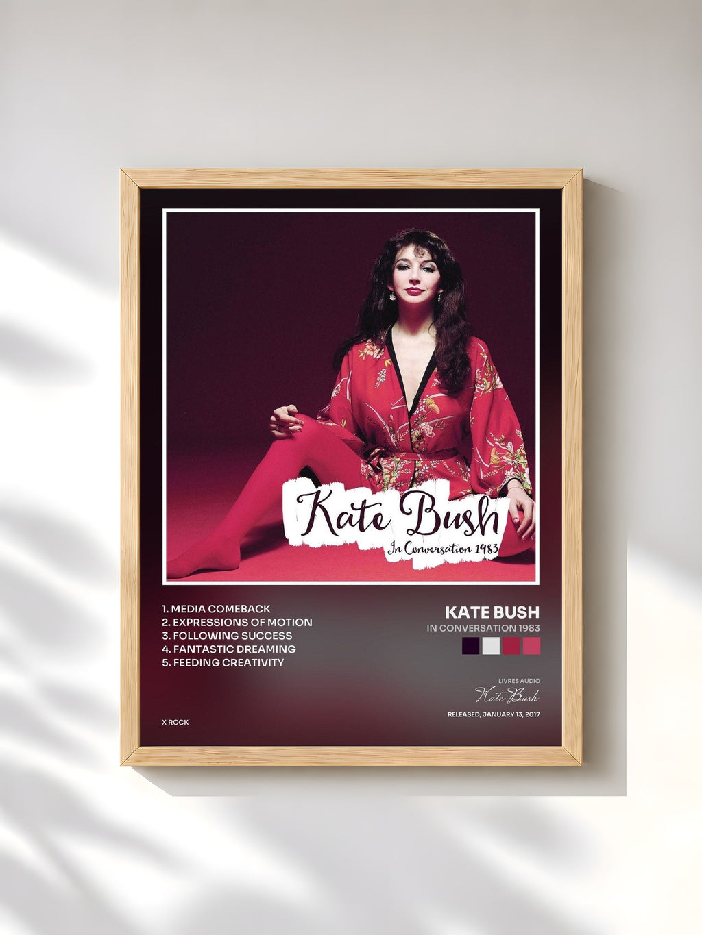 #bois Tableau de l'album In Conversation 1983 de Kate Bush, cadre en bois brut, imprimé et encadré en France