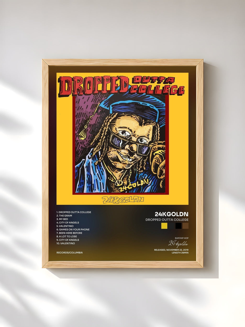 #bois Tableau de l'album DROPPED OUTTA COLLEGE de 24kgoldn, cadre en bois brut, imprimé et encadré en France