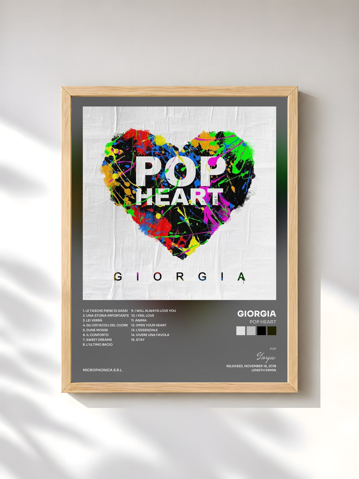 #bois Tableau de l'album Pop Heart de Giorgia, cadre en bois brut, imprimé et encadré en France