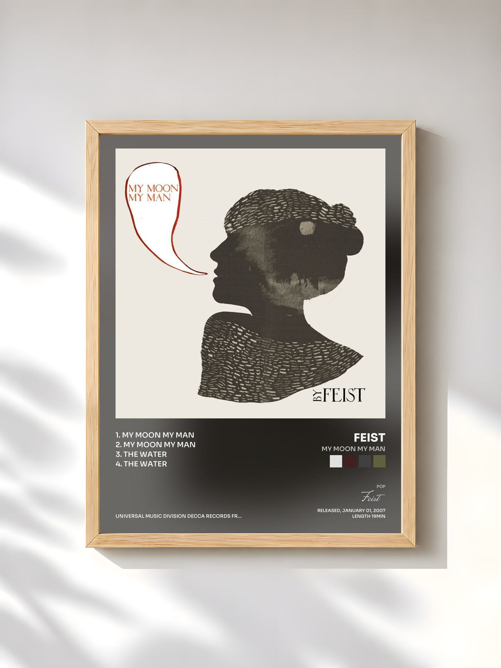 #bois Tableau de l'album My Moon My Man de Feist, cadre en bois brut, imprimé et encadré en France
