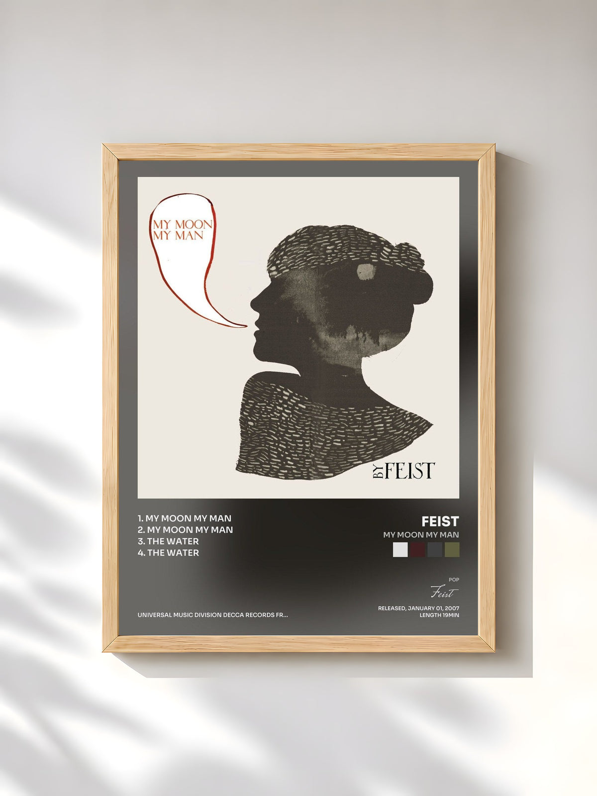#bois Tableau de l'album My Moon My Man de Feist, cadre en bois brut, imprimé et encadré en France