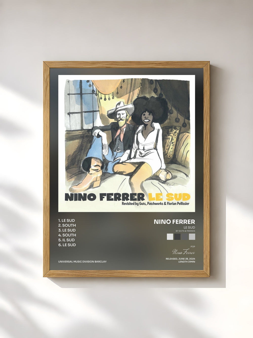 #bois Tableau de l'album Le Sud (by Guts & Friends) de Nino Ferrer, cadre en bois brut, imprimé et encadré en France