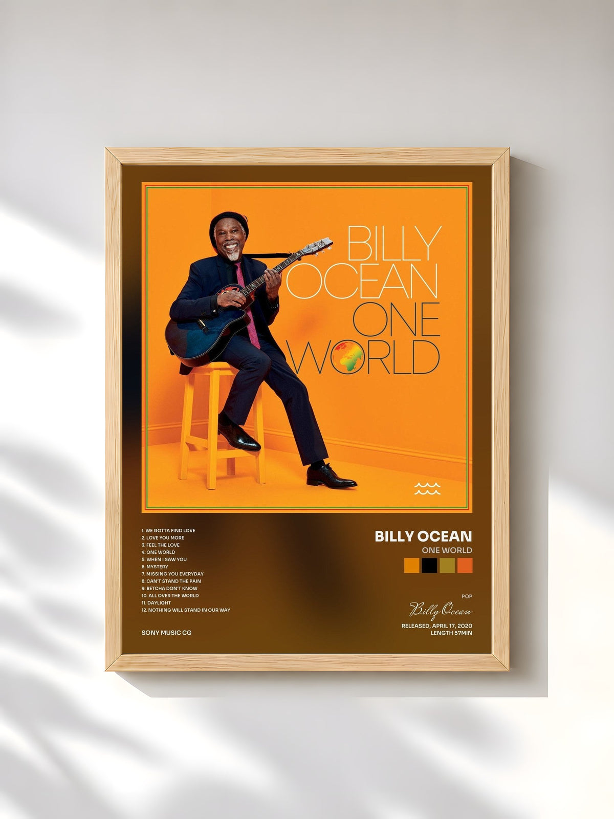 #bois Tableau de l'album One World de Billy Ocean, cadre en bois brut, imprimé et encadré en France