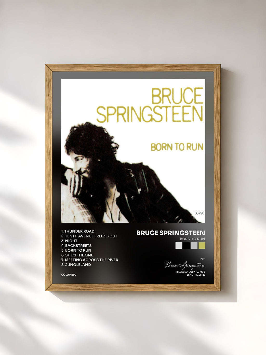 #bois Tableau de l'album BORN TO RUN de Bruce Springsteen, cadre en bois brut, imprimé et encadré en France