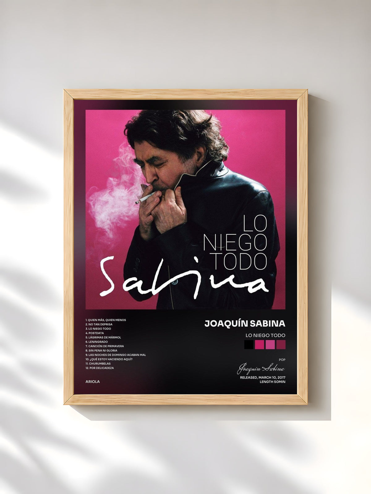 #bois Tableau de l'album Lo Niego Todo de Joaquín Sabina, cadre en bois brut, imprimé et encadré en France