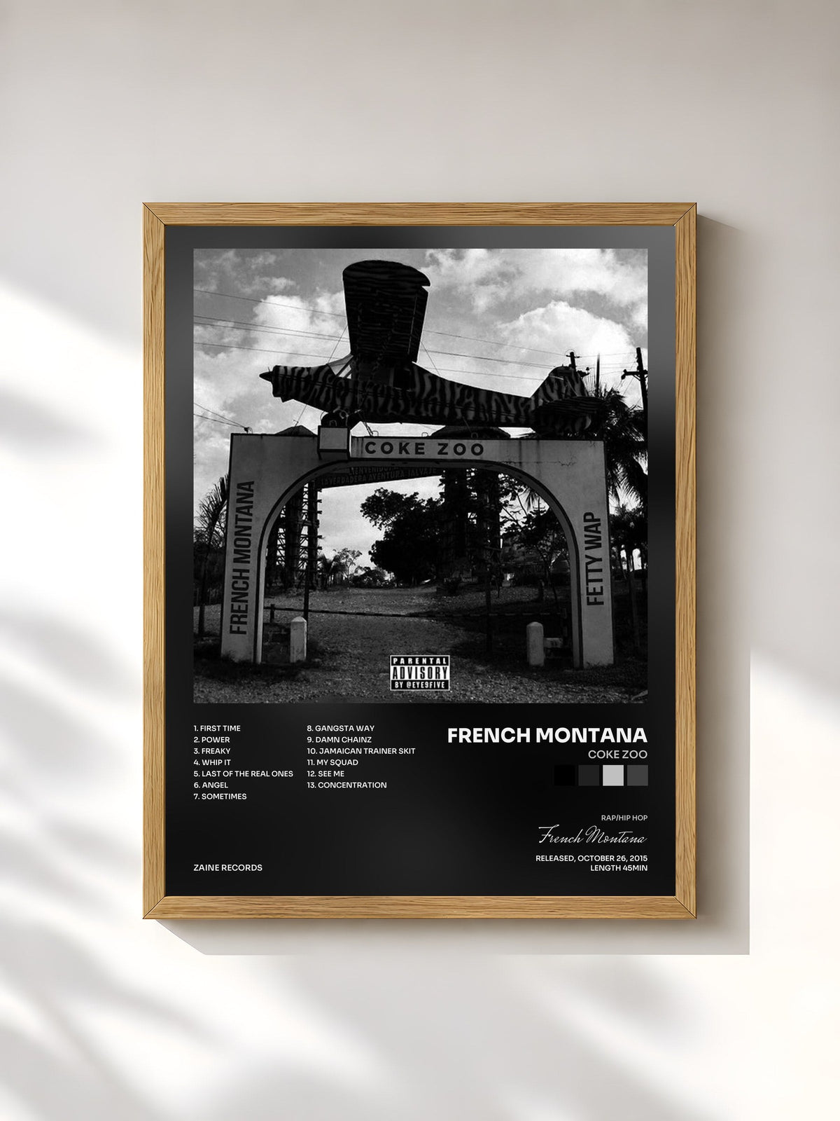 #bois Tableau de l'album Coke Zoo de French Montana, cadre en bois brut, imprimé et encadré en France