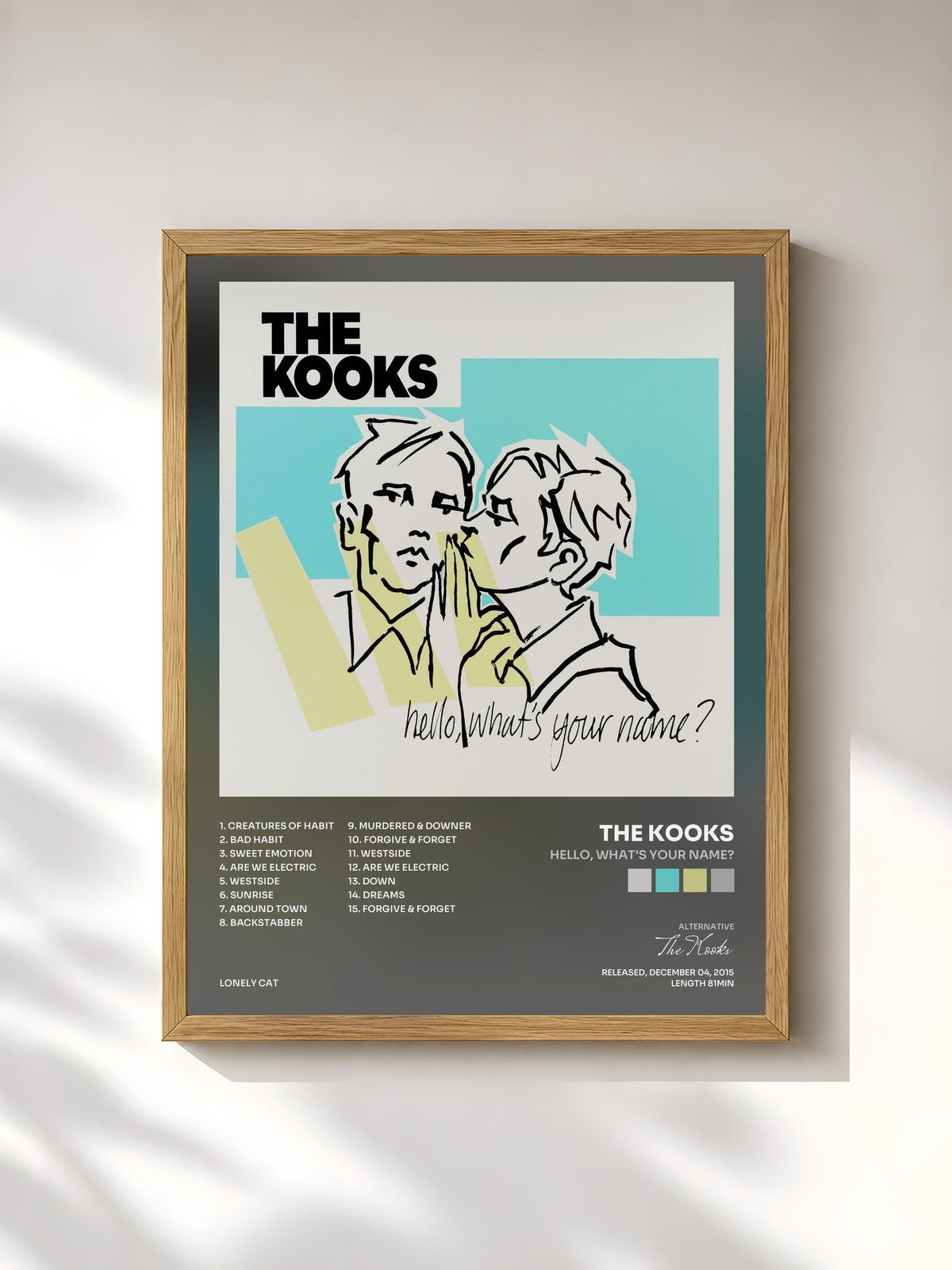 #bois Tableau de l'album Hello, What's Your Name? de The Kooks, cadre en bois brut, imprimé et encadré en France