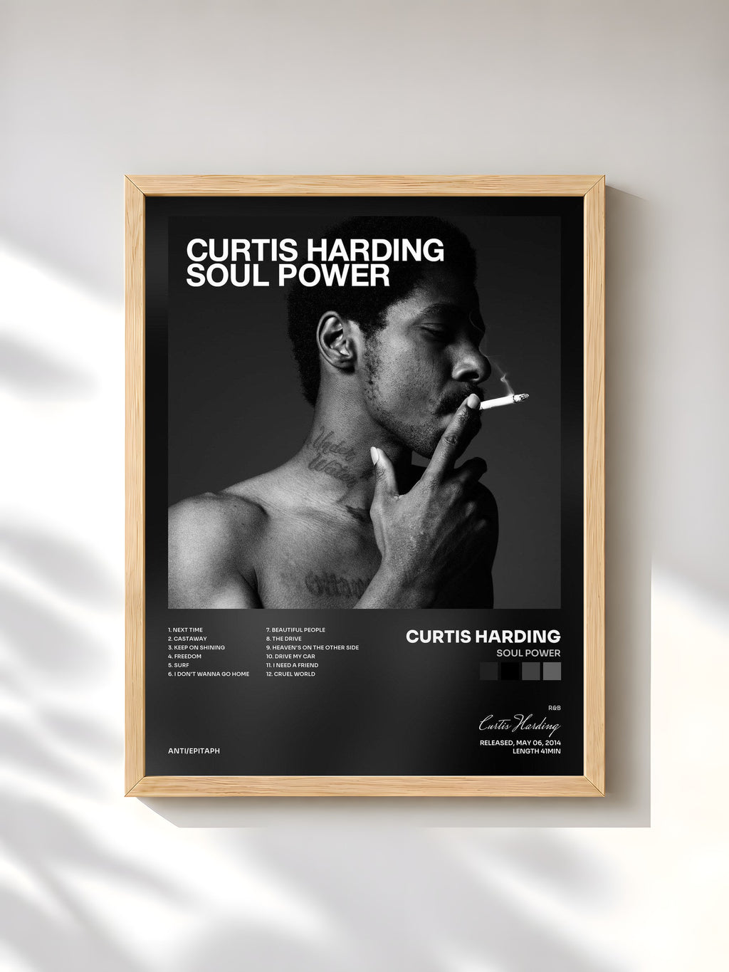 #bois Tableau de l'album Soul Power de Curtis Harding, cadre en bois brut, imprimé et encadré en France