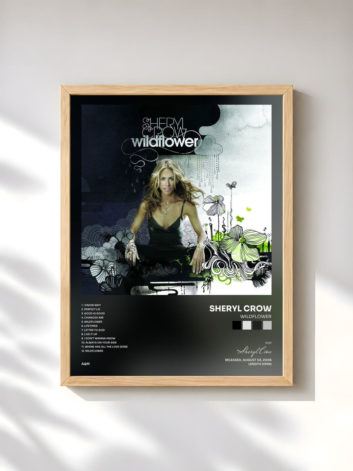 #bois Tableau de l'album Wildflower de Sheryl Crow, cadre en bois brut, imprimé et encadré en France