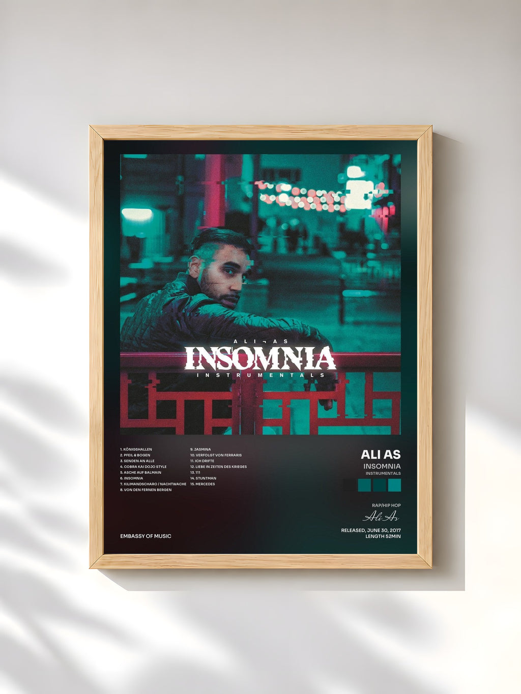 #bois Tableau de l'album Insomnia (Instrumentals) de Ali As, cadre en bois brut, imprimé et encadré en France