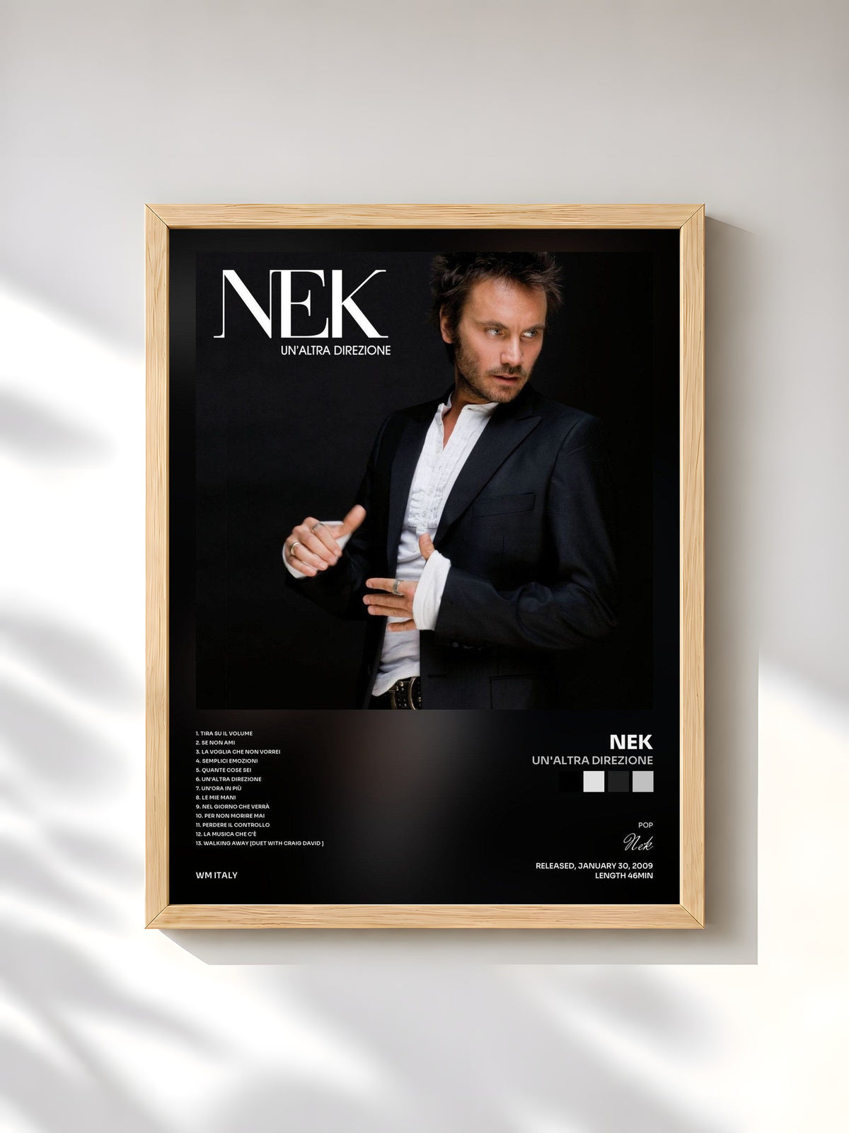 #bois Tableau de l'album Un'altra direzione de Nek, cadre en bois brut, imprimé et encadré en France