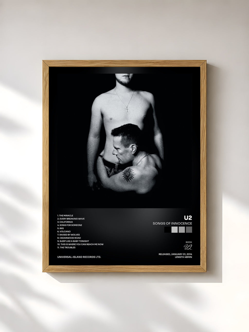 #bois Tableau de l'album Songs Of Innocence de U2, cadre en bois brut, imprimé et encadré en France