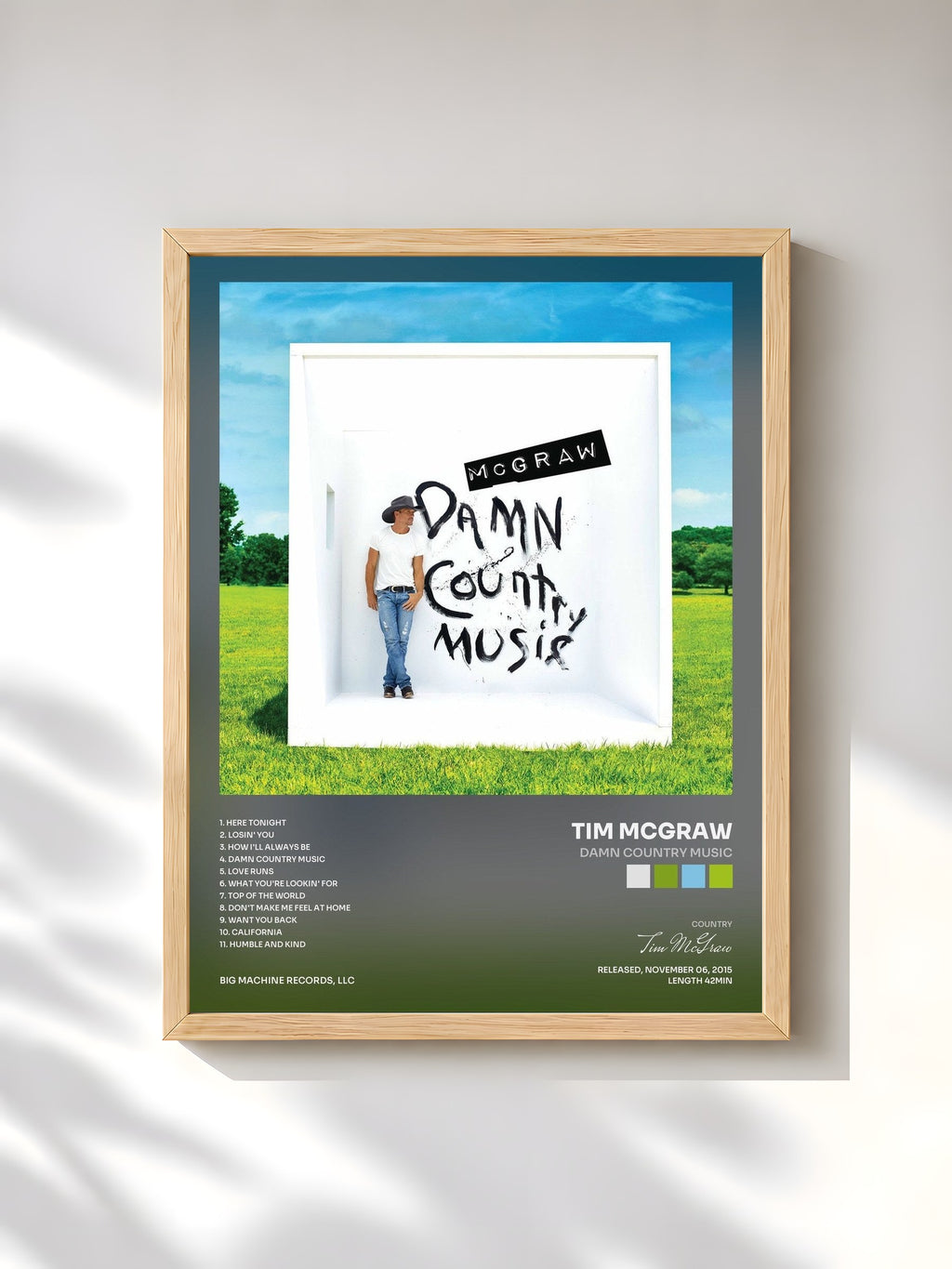 #bois Tableau de l'album Damn Country Music de Tim McGraw, cadre en bois brut, imprimé et encadré en France