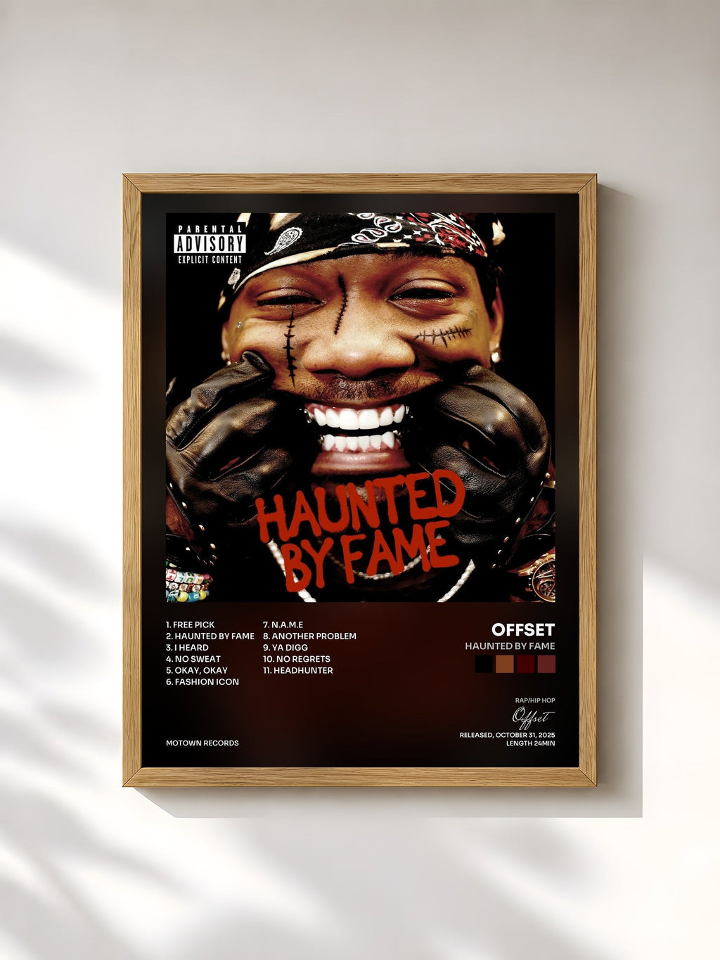 #bois Tableau de l'album HAUNTED BY FAME de Offset, cadre en bois brut, imprimé et encadré en France