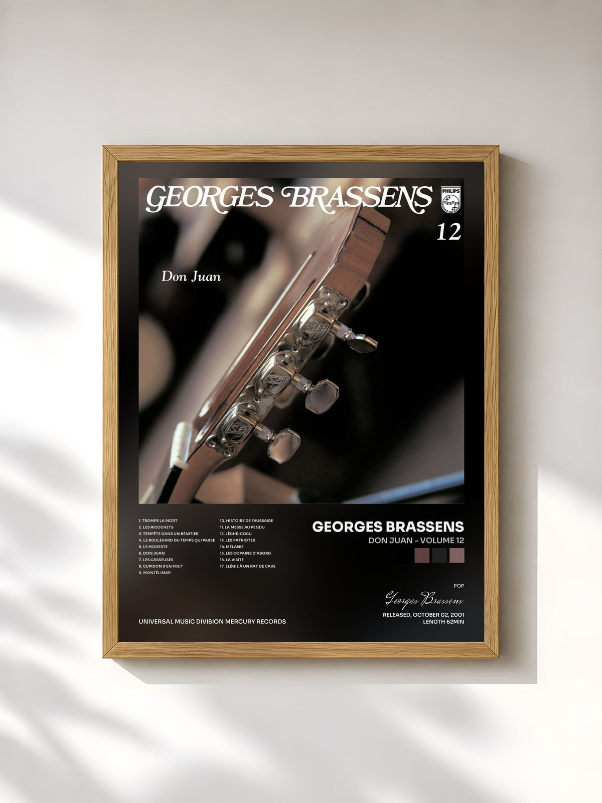 #bois Tableau de l'album Don Juan - Volume 12 de Georges Brassens, cadre en bois brut, imprimé et encadré en France