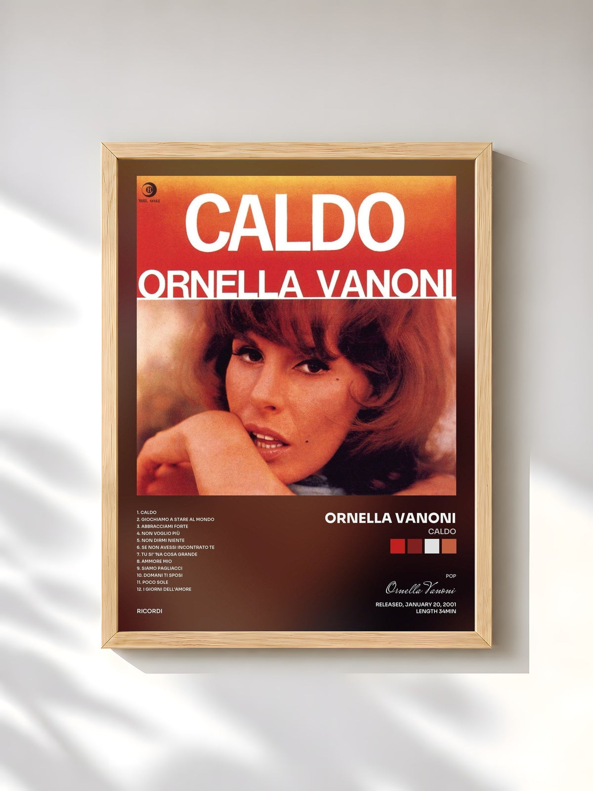 #bois Tableau de l'album Caldo de Ornella Vanoni, cadre en bois brut, imprimé et encadré en France